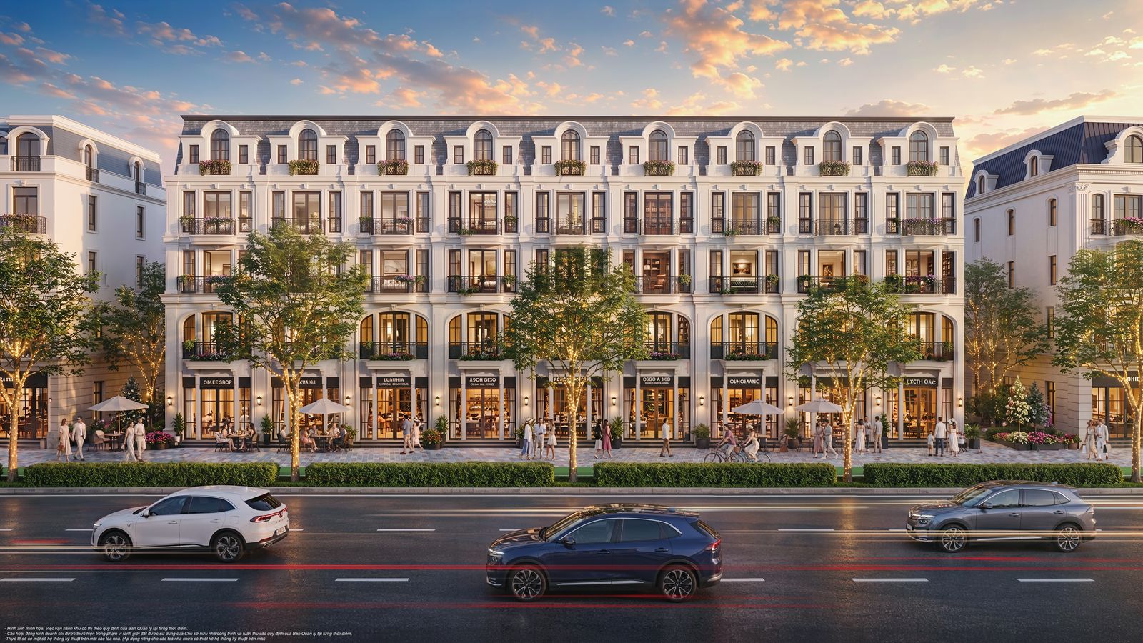 Phối cảnh dãy nhà phố thương mại trên đường Tương Lai tại Vinhomes Green Paradise Cần Giờ — trục phố sầm uất ven biển