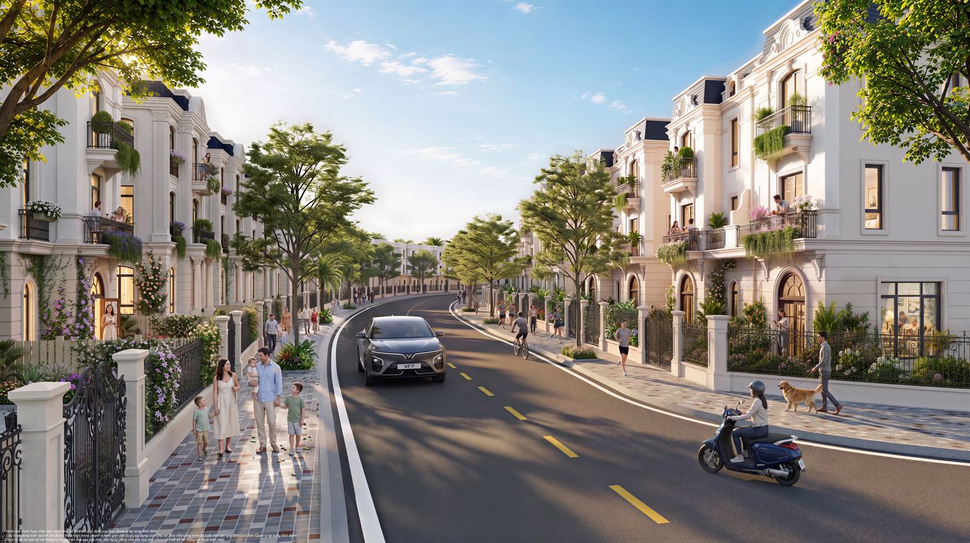 Phối cảnh đường nội khu rợp bóng cây tại Vịnh Tiên, phân khu The Haven Bay — Vinhomes Green Paradise Cần Giờ