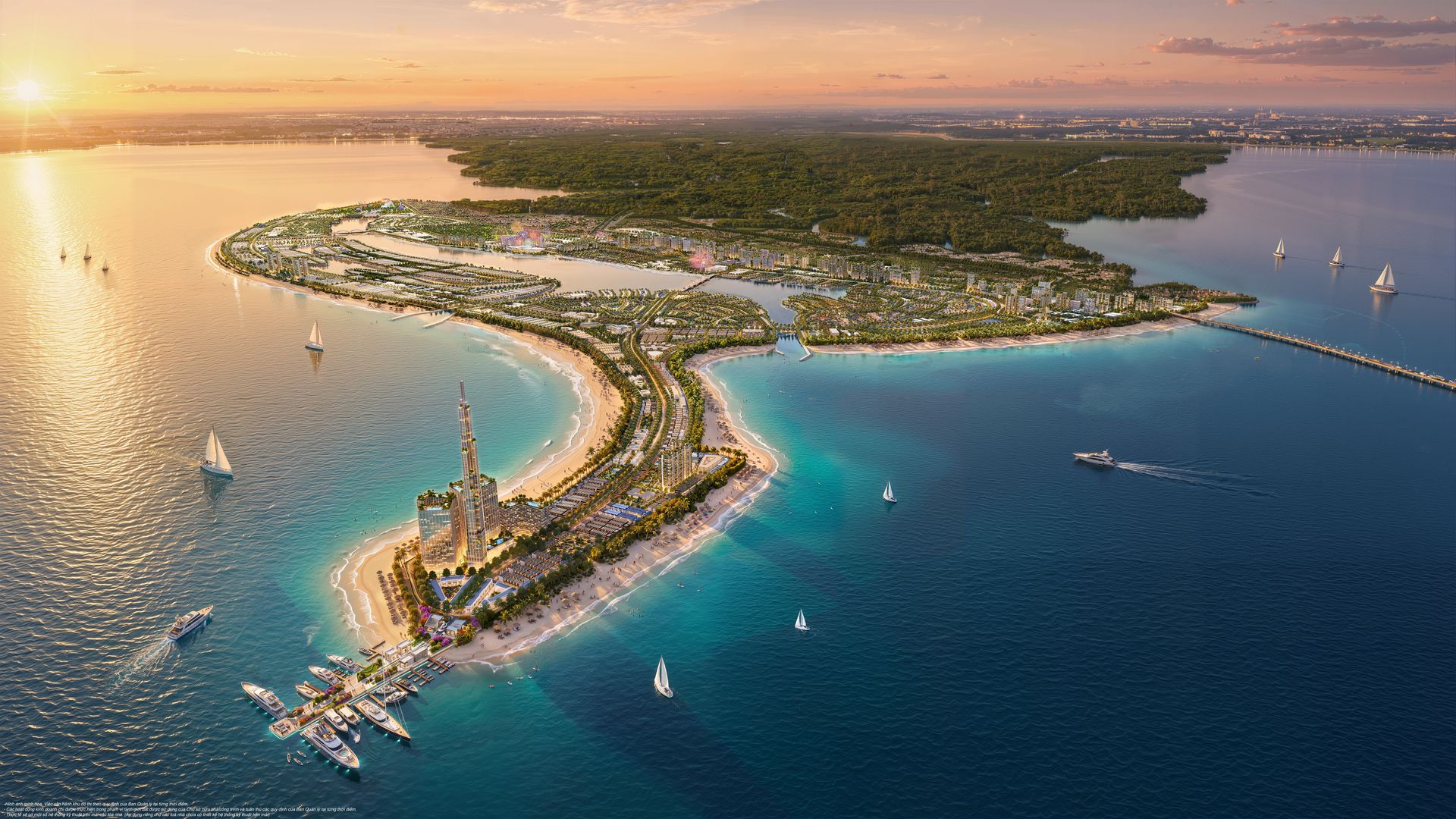 Phối cảnh toàn cảnh đảo Vinhomes Green Paradise Cần Giờ lúc hoàng hôn — bãi biển cát trắng, biển hồ Paradise Lagoon, tháp tài chính 108 tầng và bến du thuyền của siêu đô thị biển 2.870 ha